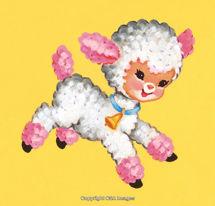 Adorable Cartoon Lamb Illustration With Yellow Background and Cute Bell Accessory