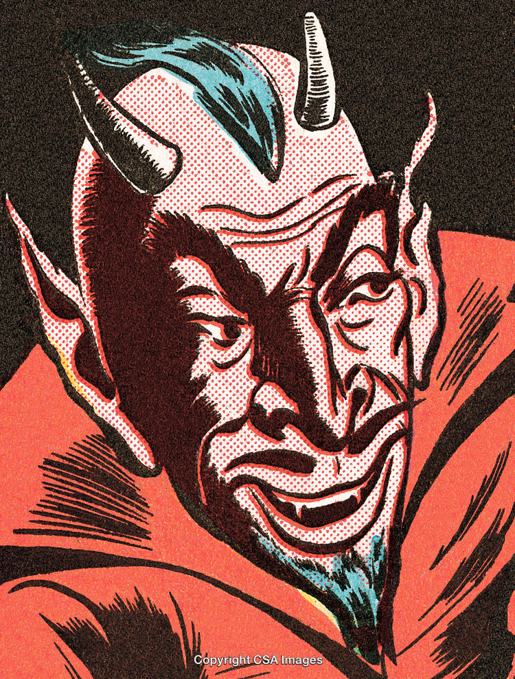 Vintage Comic Style Illustration of a Devil Figure with Red Background