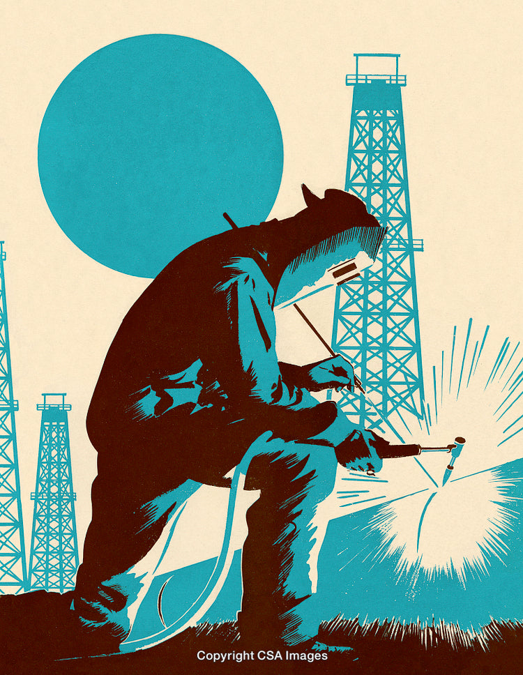 Silhouette of Industrial Worker Welding with Oil Rigs in the Background