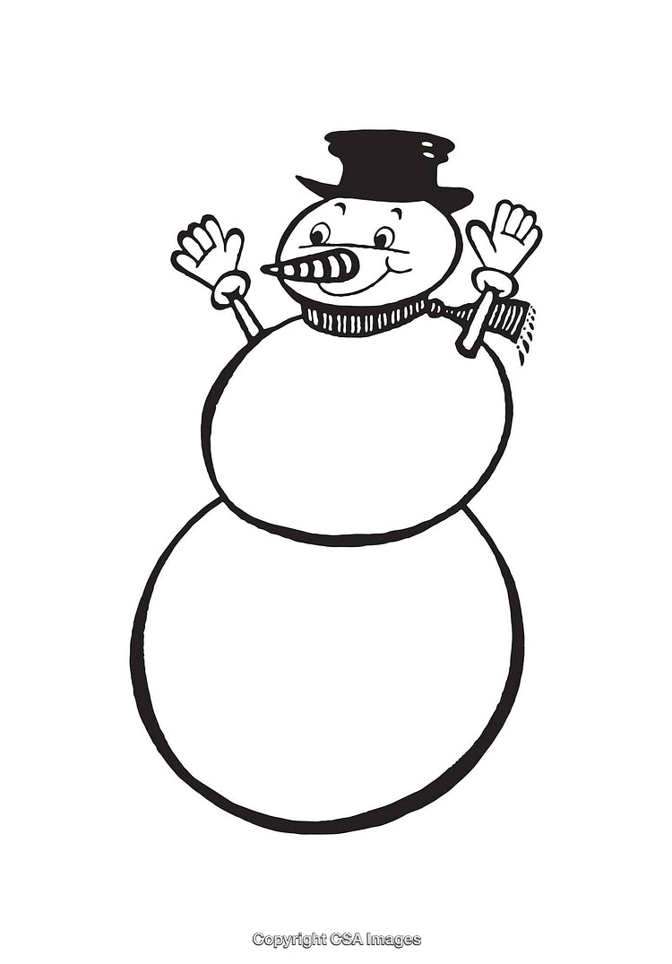 Cheerful Snowman Wearing Top Hat and Scarf in Black and White Line Art