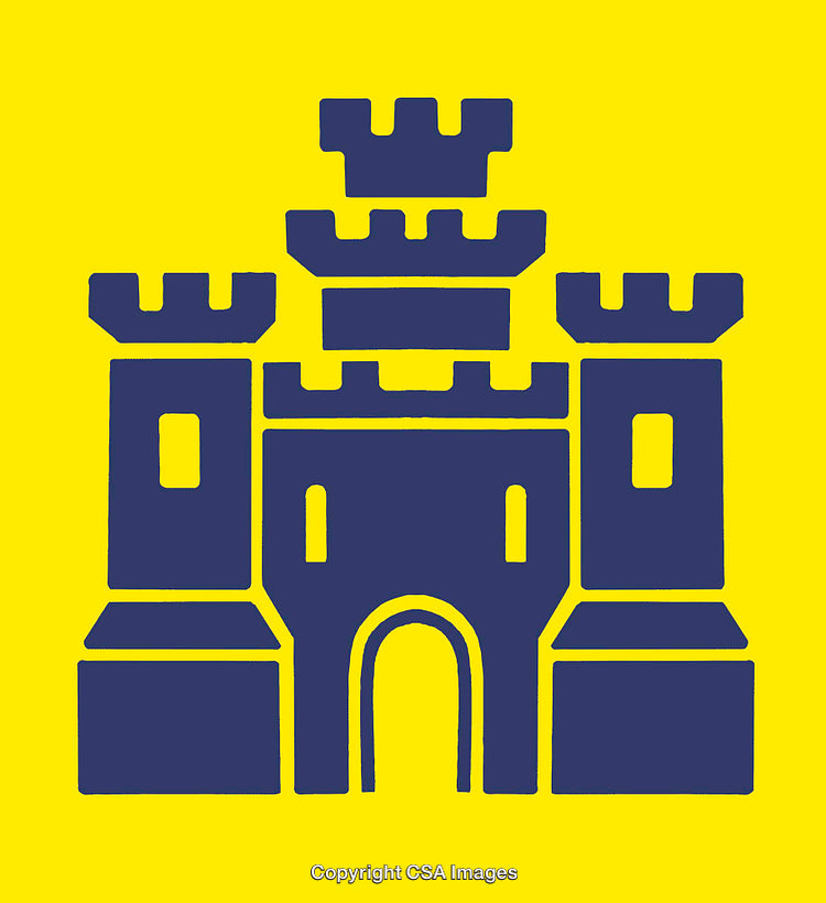 Blue Castle Silhouette on Vibrant Yellow Background Illustration