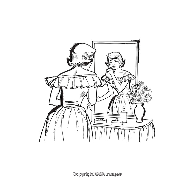 Vintage Woman in Front of Dressing Mirror with Elegant Scenery