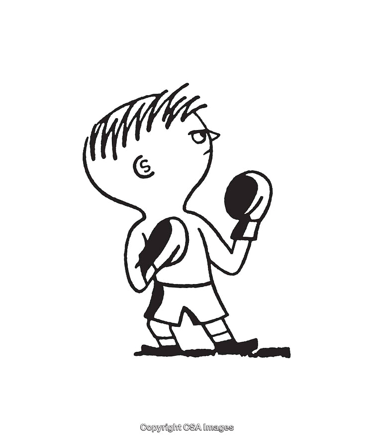 Black and White Line Art Illustration of a Character with Boxing Gloves
