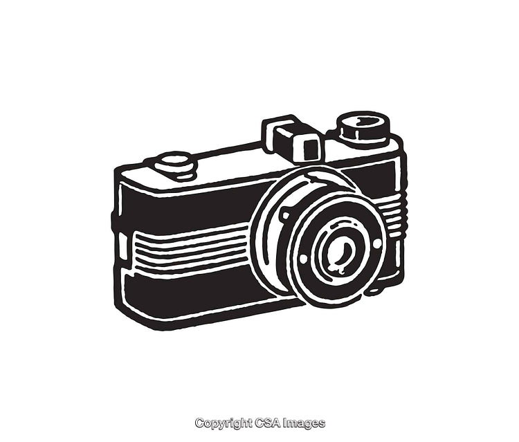 Black and White Line Art Illustration of a Vintage Camera