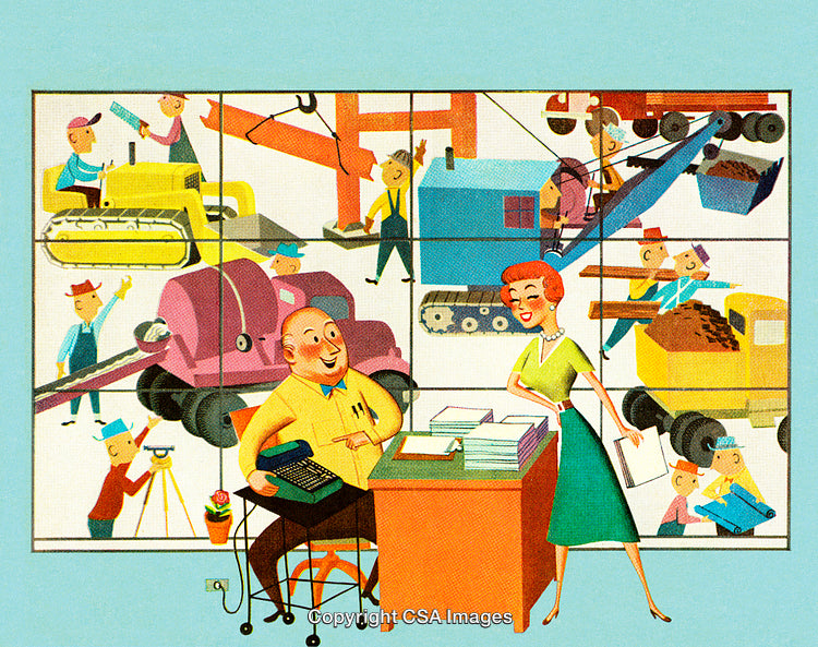 Cartoon Illustration of Office Staff with Construction and Machinery Scene