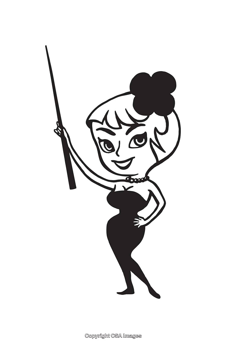 Retro Style Black and White Line Art Illustration of Woman with Pointer