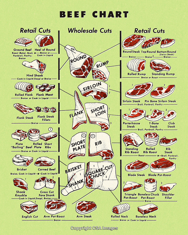 Comprehensive Beef Cuts Chart Displaying Retail and Wholesale Meat Sections