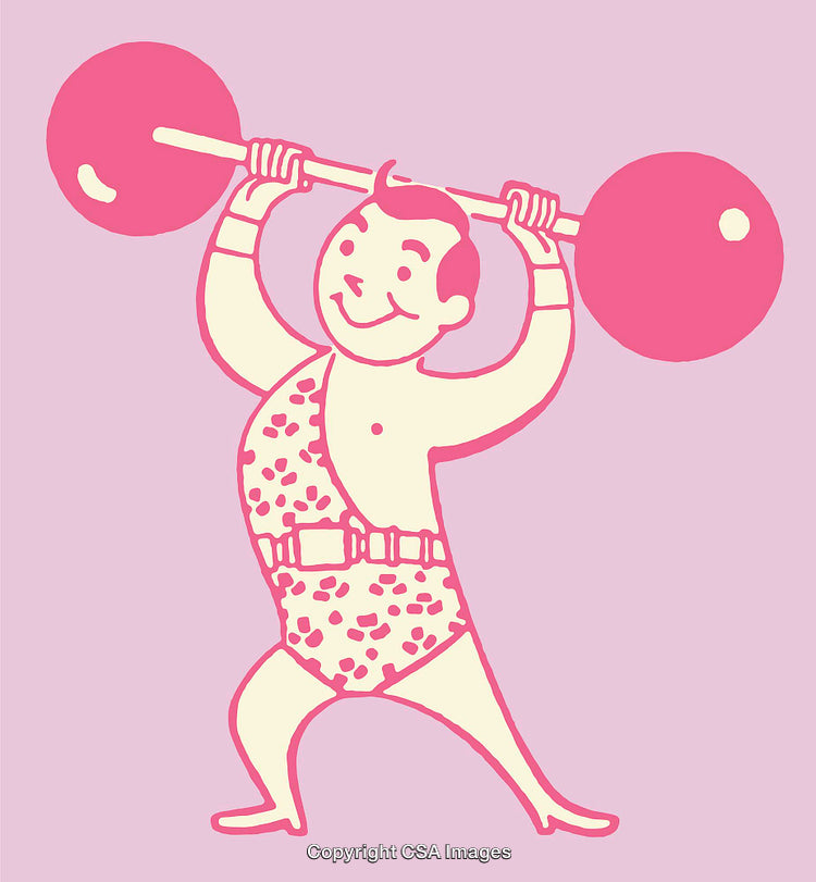 Colorful Retro Illustration of a Smiling Strongman Lifting a Large Barbell