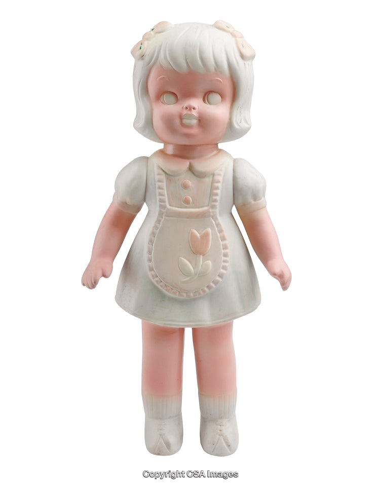 Vintage Plastic Doll Figure in White Dress with Tulip Detail