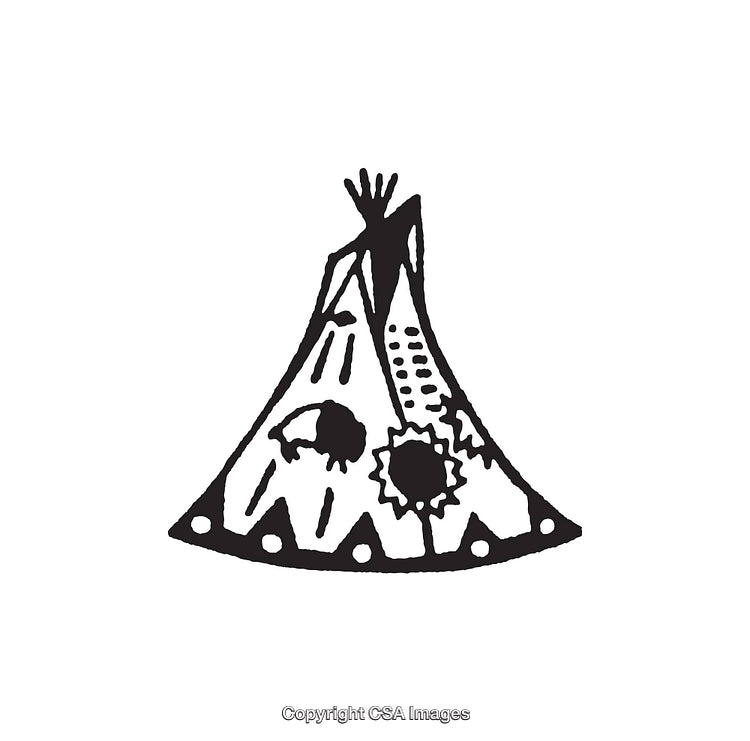 Black and White Drawing of Teepee with Traditional Motifs and Designs