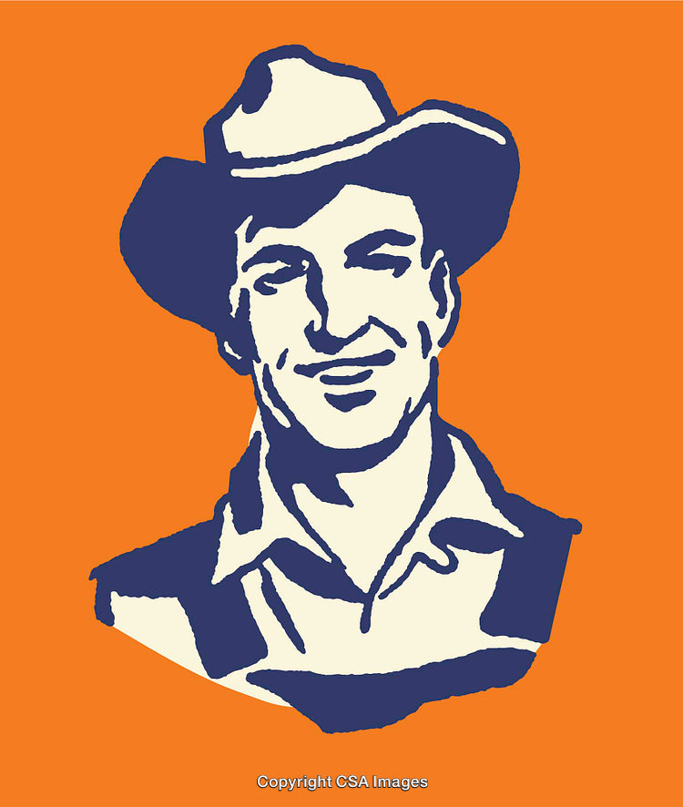 Minimalist Illustration of a Smiling Cowboy in a Hat on Orange Background