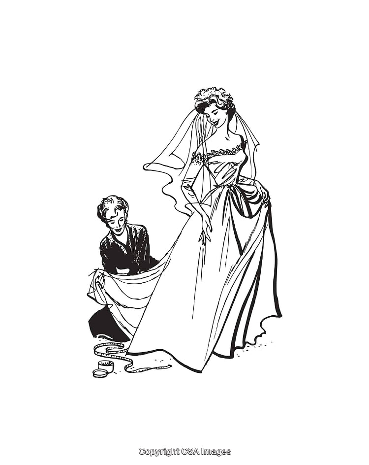 Vintage Illustration of Bride and Seamstress Adjusting Wedding Dress