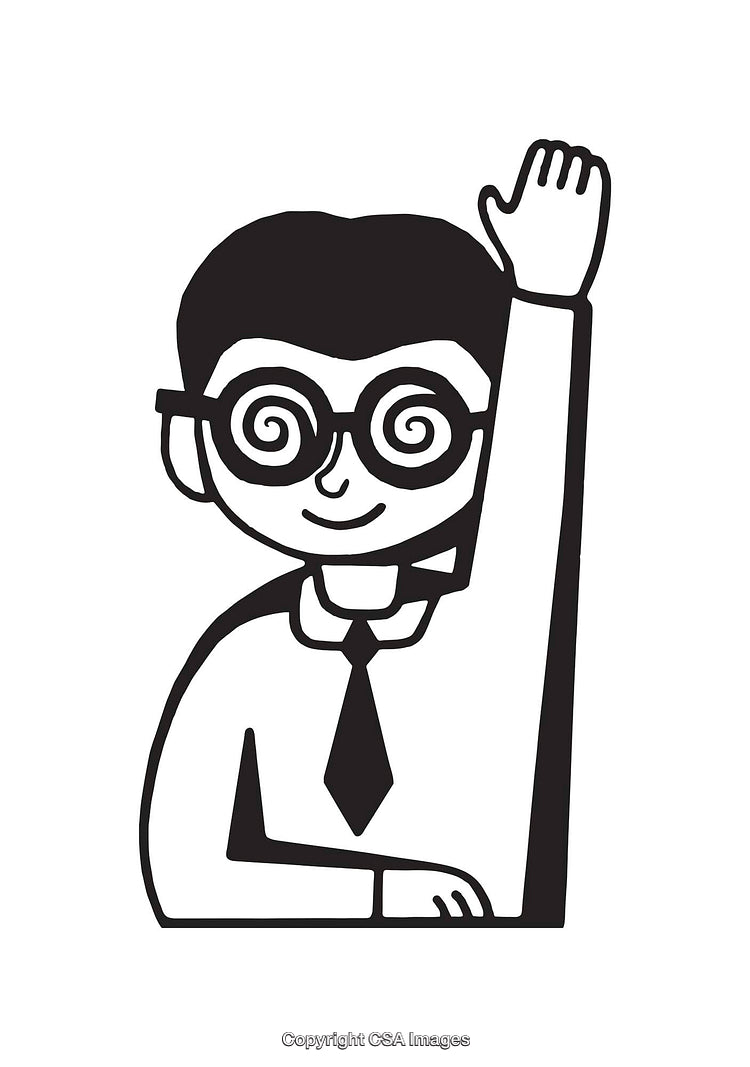Black and White Illustration of a Cartoon Character Raising Hand