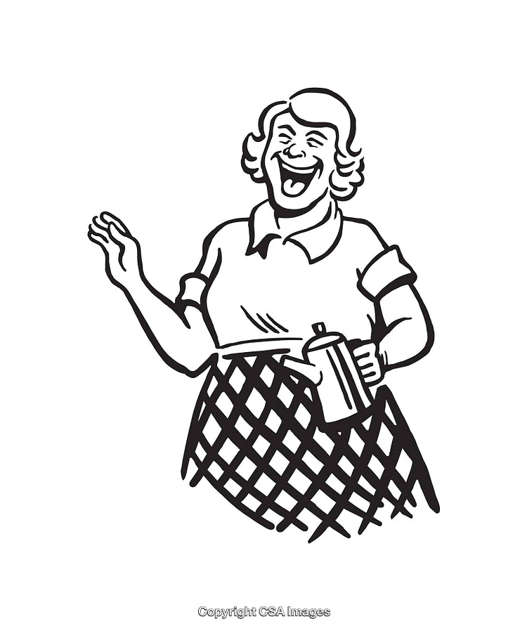 Happy Retro Housewife With Coffee Jug in Nostalgic Line Art