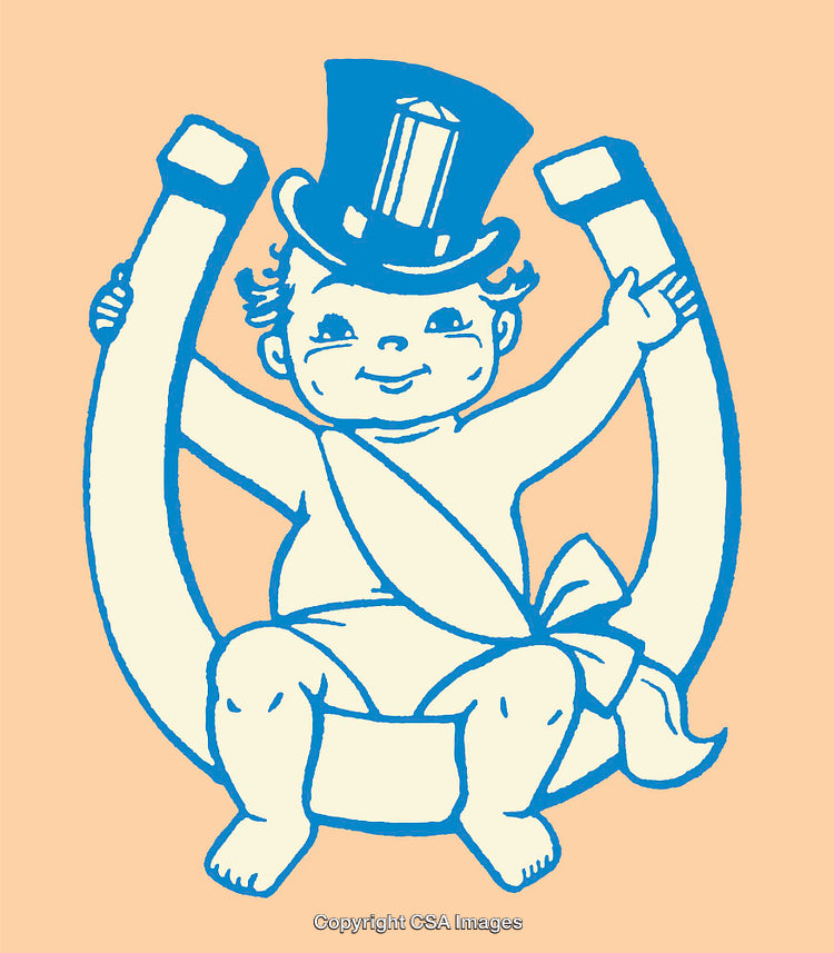 Vintage Illustration of a Baby with Top Hat Holding a Horseshoe