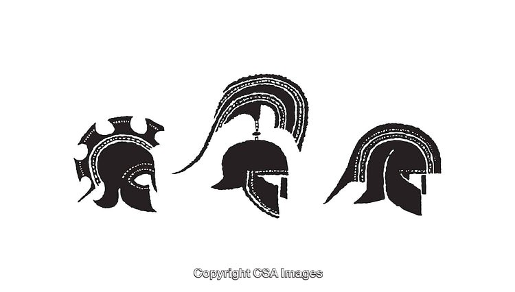 Illustrations of Ancient Greek and Roman Warrior Helmets in Black and White