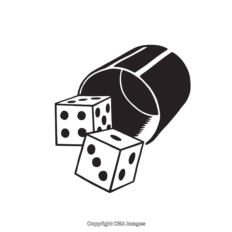 Black and White Illustration of Rolling Dice with Cup