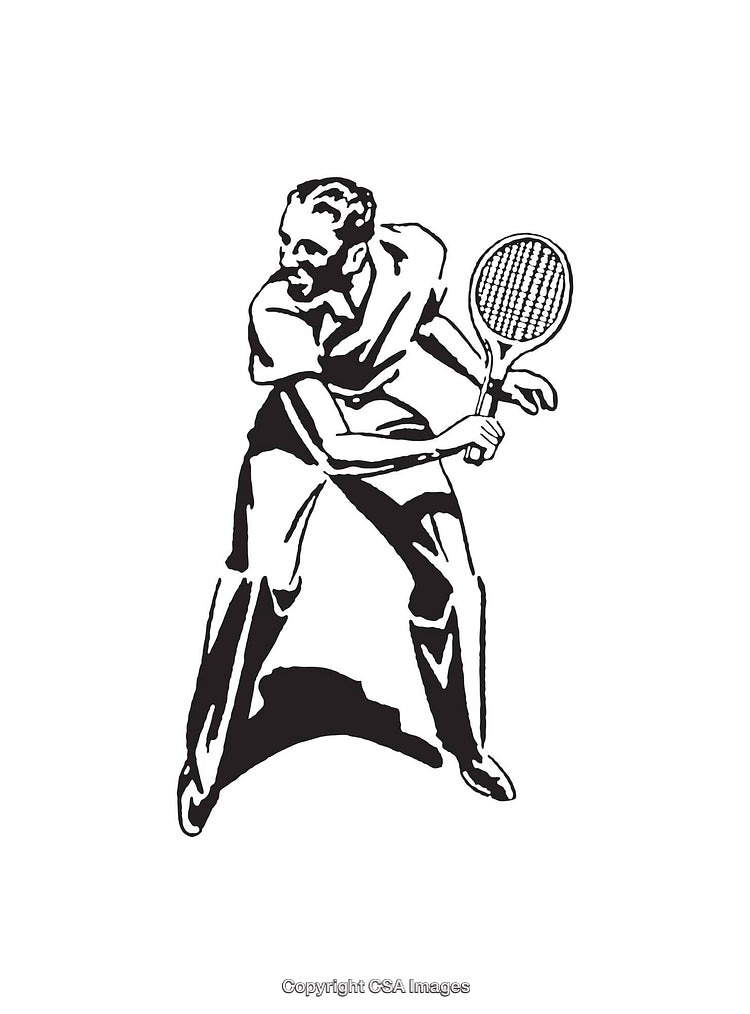 Vintage Black and White Illustration of a Tennis Player in Action