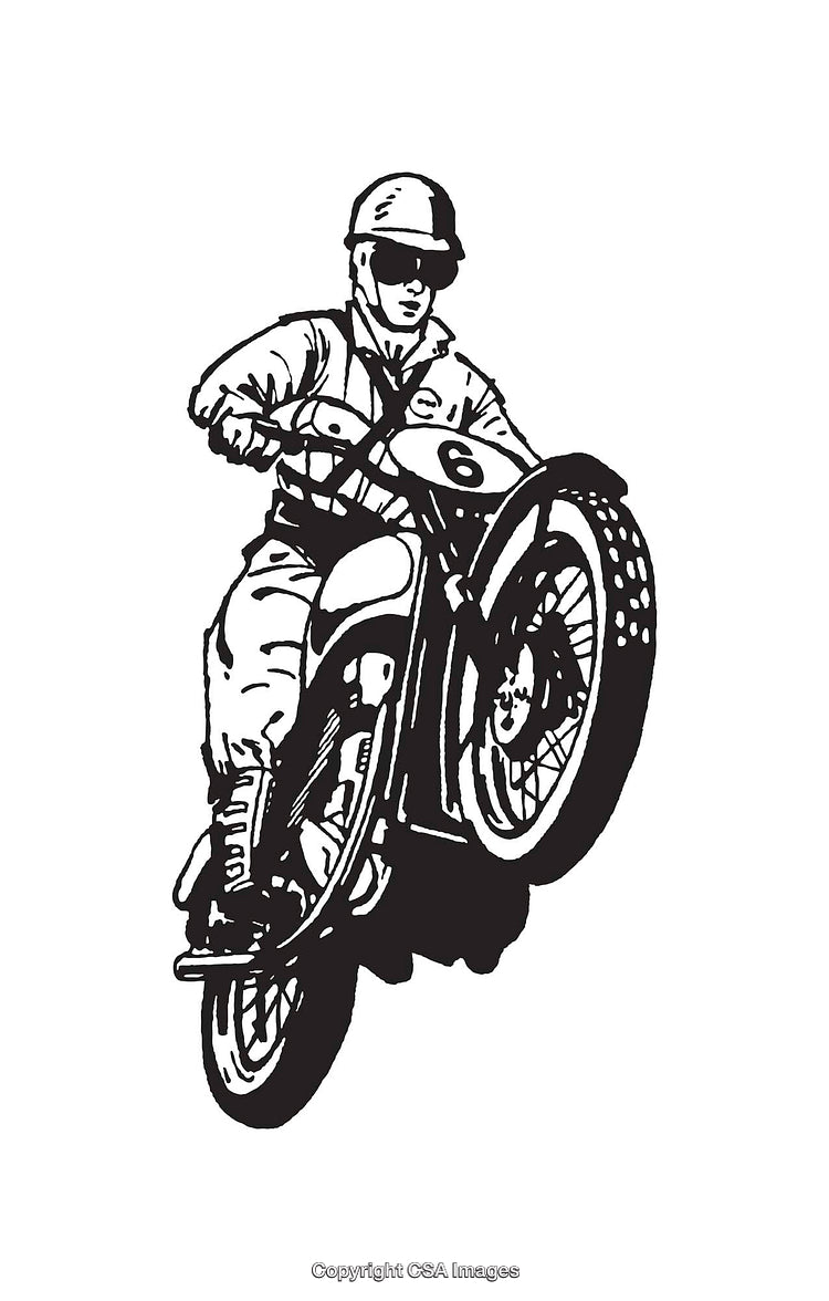 Vintage Line Art of a Motorcycle Racer in Action
