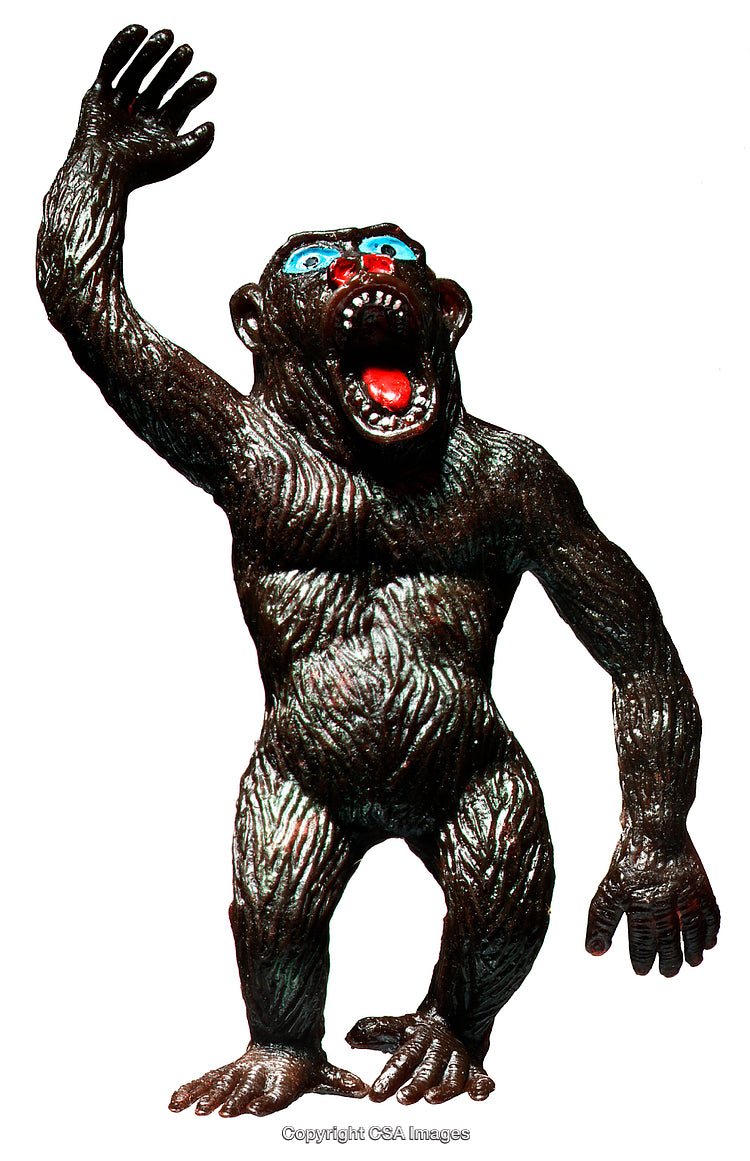 Brown Toy Gorilla Figurine with Open Mouth and Raised Arm