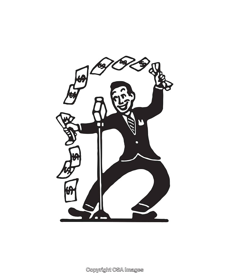 Black And White Illustration of Performer With Money and Microphone