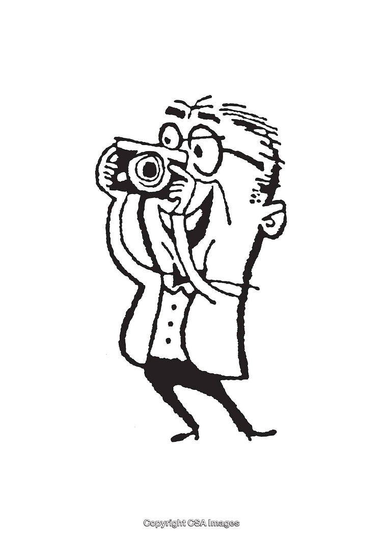 Cartoon Character Taking a Photograph with a Camera, Black and White Line Art