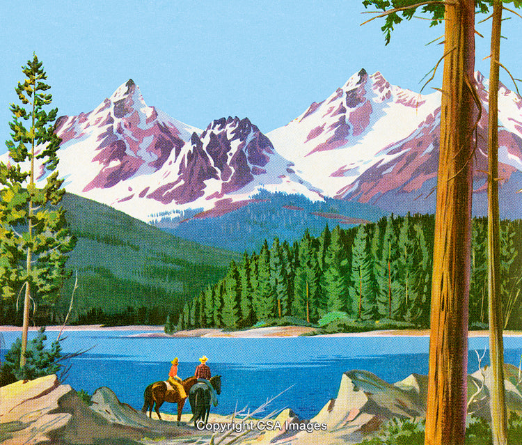 Scenic Landscape of Mountain Lake with Forest and Equestrian Riders