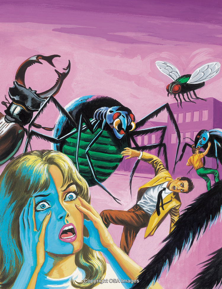 Frightened Individuals Facing Giant Insects in Retro Illustration Artwork
