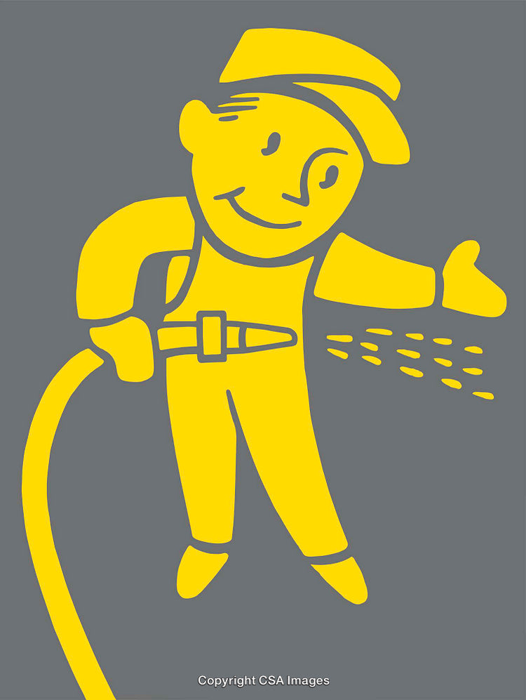 Cartoon Character Using a Hose for Spray Water in Yellow Outline Art