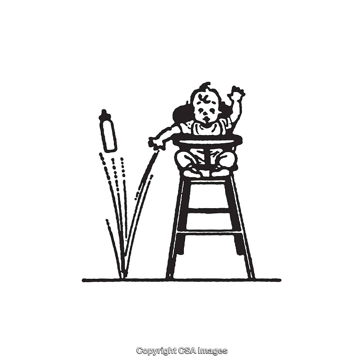 Vintage Line Art Illustration of a Baby in High Chair with Bottle