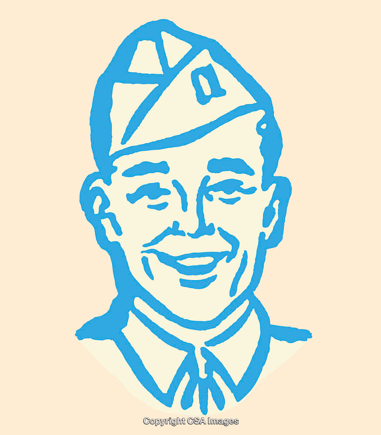 Blue Line Drawing of Happy Soldier in Minimalist Art Style