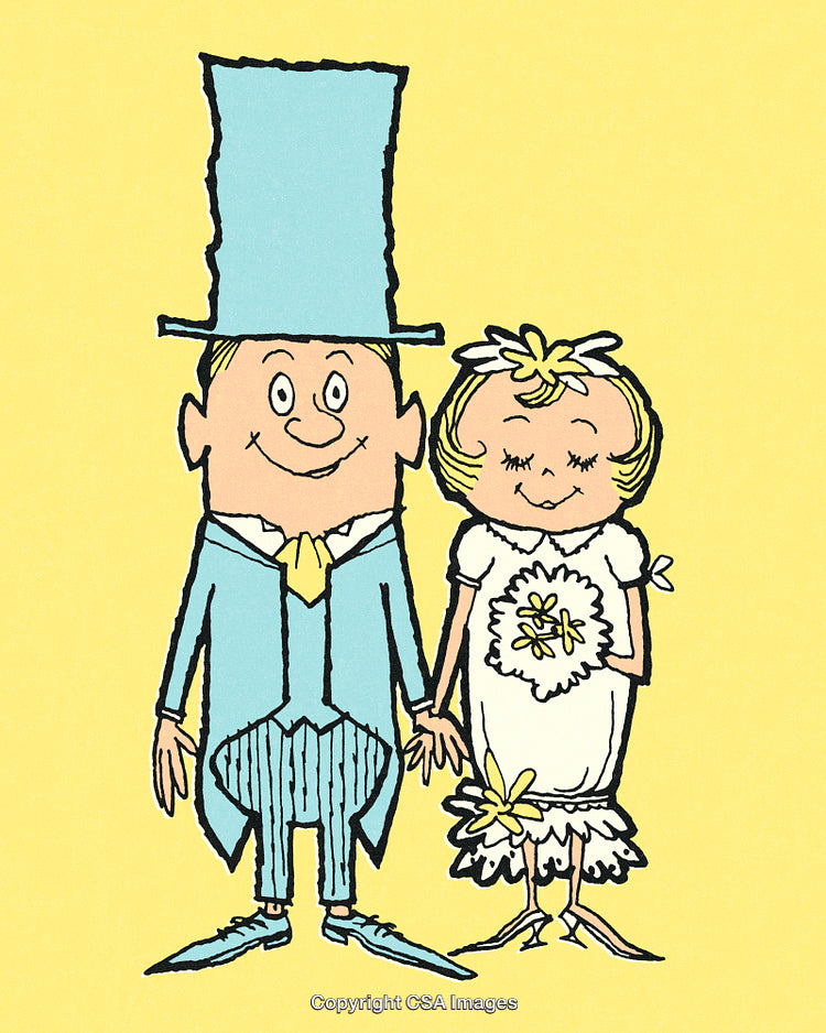 Illustration of a Happy Cartoon Couple in Wedding Attire