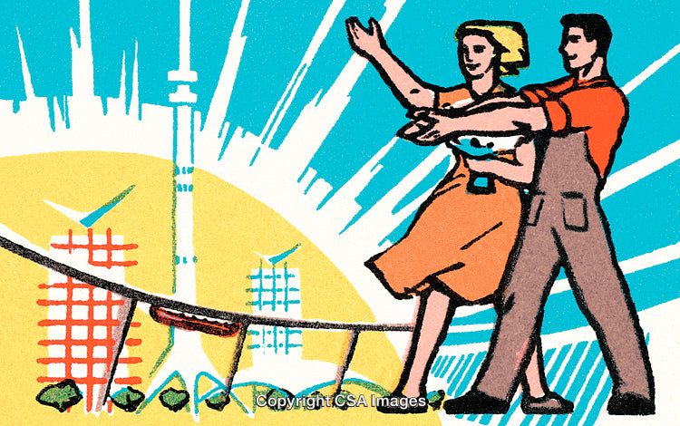 Retro Style Illustration of Future Urban Cityscape With Optimistic Figures