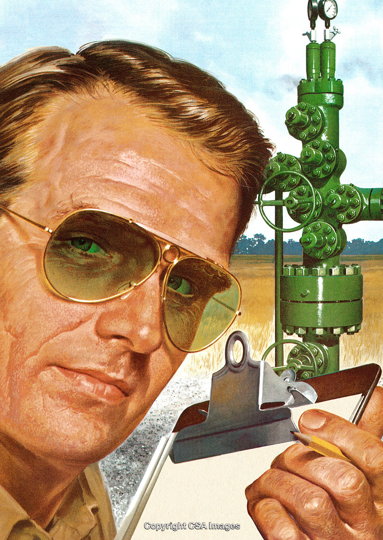 Professional Engineer Inspecting Industrial Equipment in an Outdoor Oil Field Setting