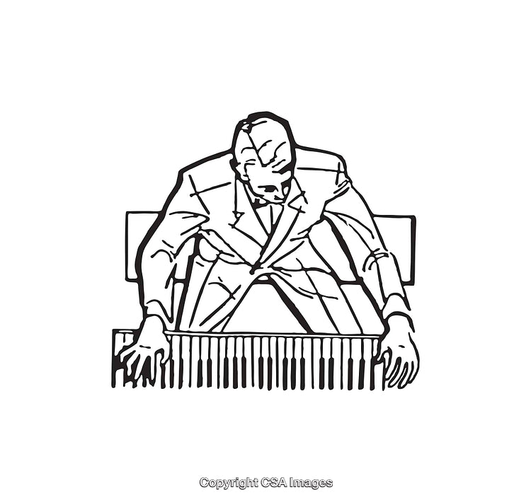Vintage Black and White Line Art of a Pianist Playing a Piano