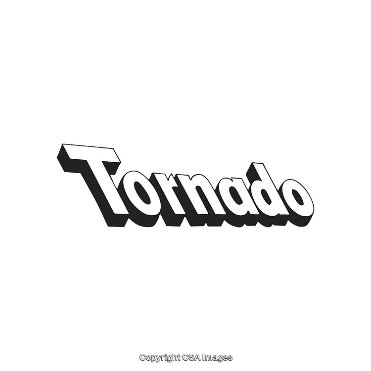 Dynamic 3D Typography Display Featuring the Word Tornado in Bold Lettering