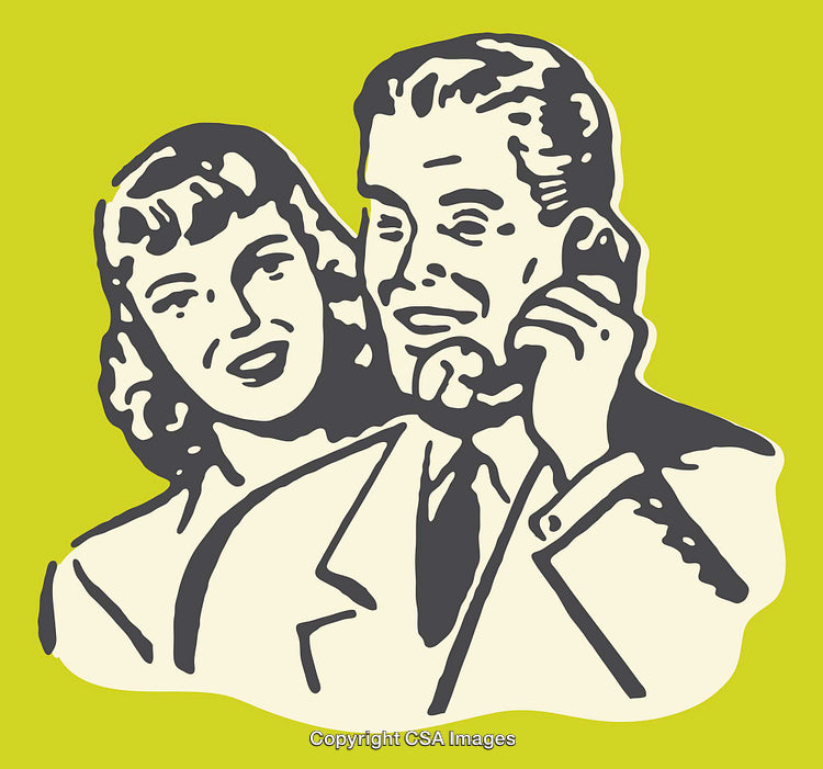 Retro Styled Illustration Featuring a Smiling Couple with Vintage Design Elements