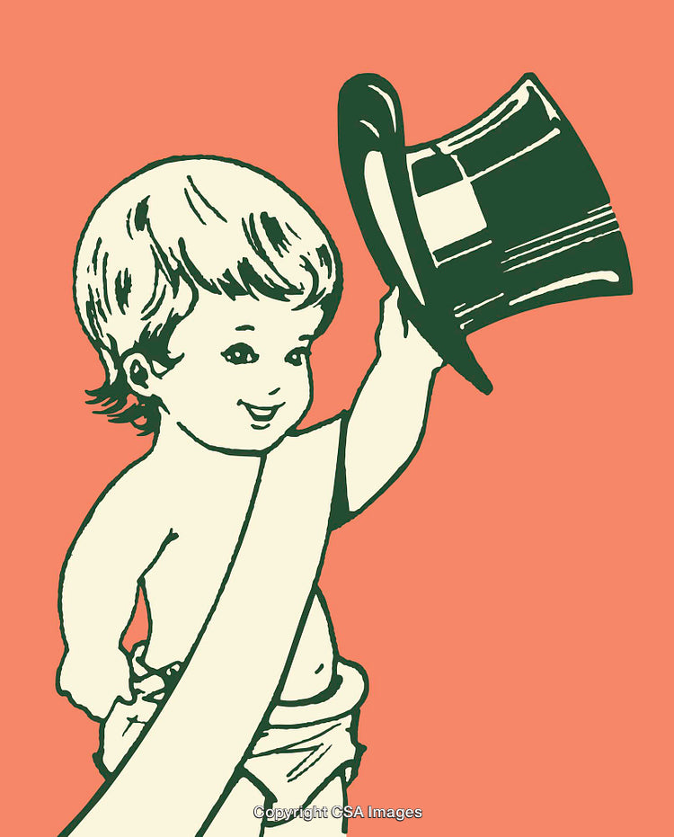 Retro Illustration of Smiling Baby Holding a Top Hat in Cheerful Gesture