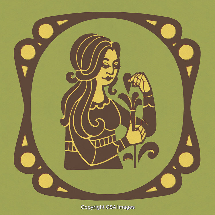 Retro Decorative Illustration of a Woman Holding a Flower in an Ornate Frame