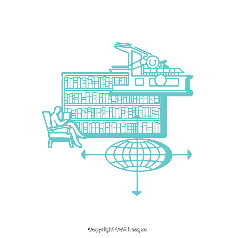 Library Knowledge Symbol with Bookshelf, Globe, and Person Reading Outline Icon
