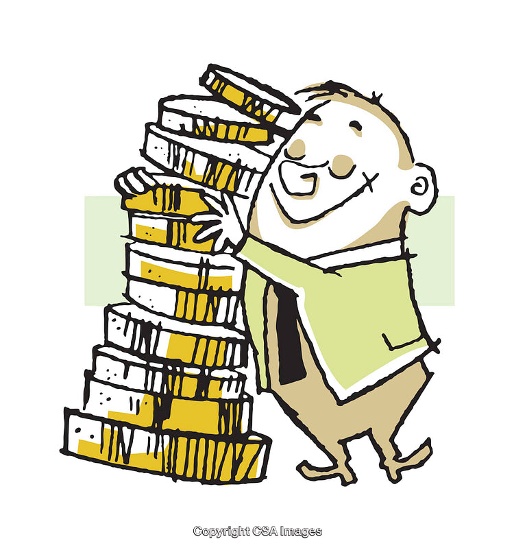 Cartoon Character Joyful With Tall Stack of Gold Coins