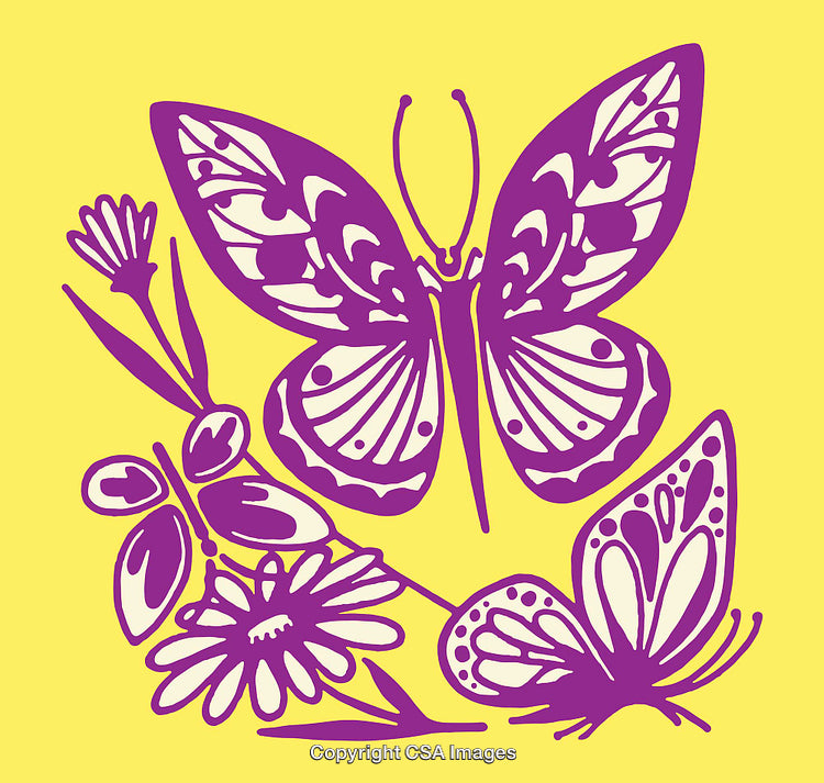 Colorful Butterfly Line Art with Flowers on a Bright Yellow Background