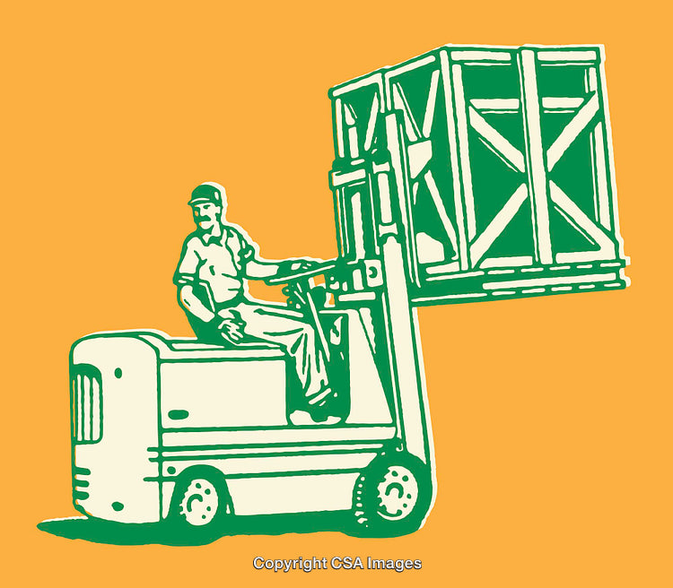 Worker Operating Forklift Lifting Heavy Crate in Artistic Illustration