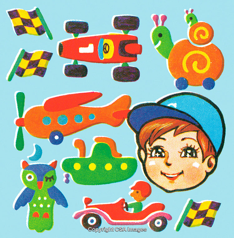 Playful Cartoon Drawing With Vehicles, Characters, and Whimsical Designs