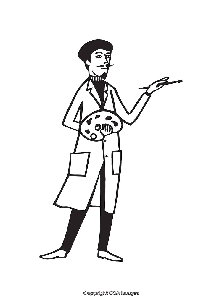 Black and White Illustration of an Artist Holding Palette and Brush