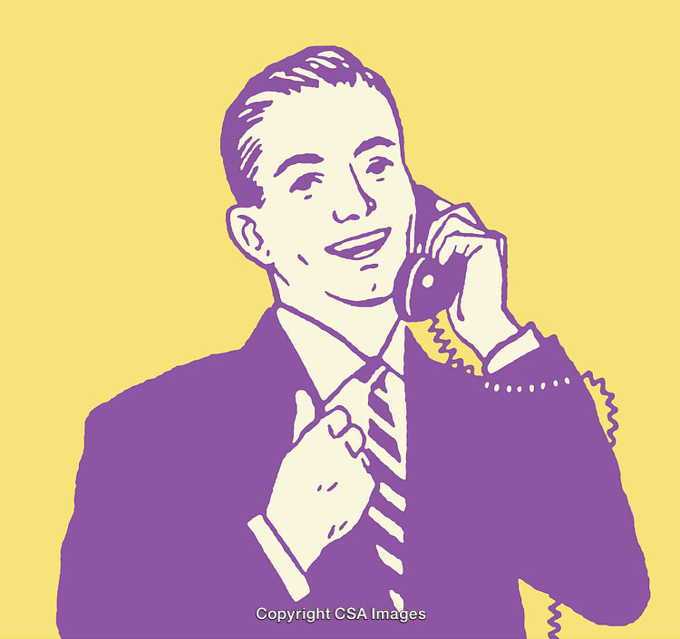Vintage Style Businessman Speaking on Telephone in Yellow and Purple Tones
