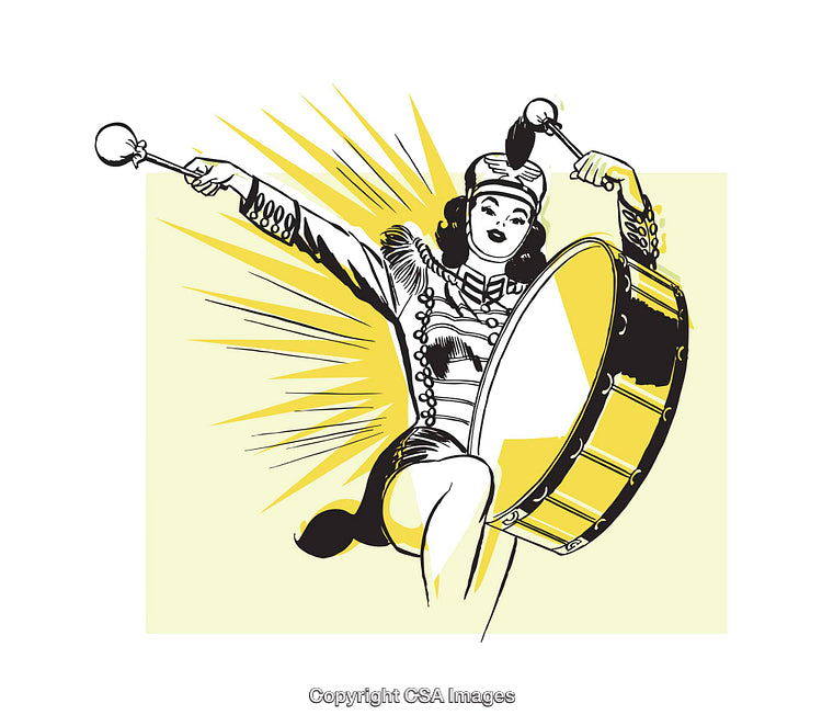 Retro Style Drum Major Illustration with Vibrant Colors and Dynamic Composition