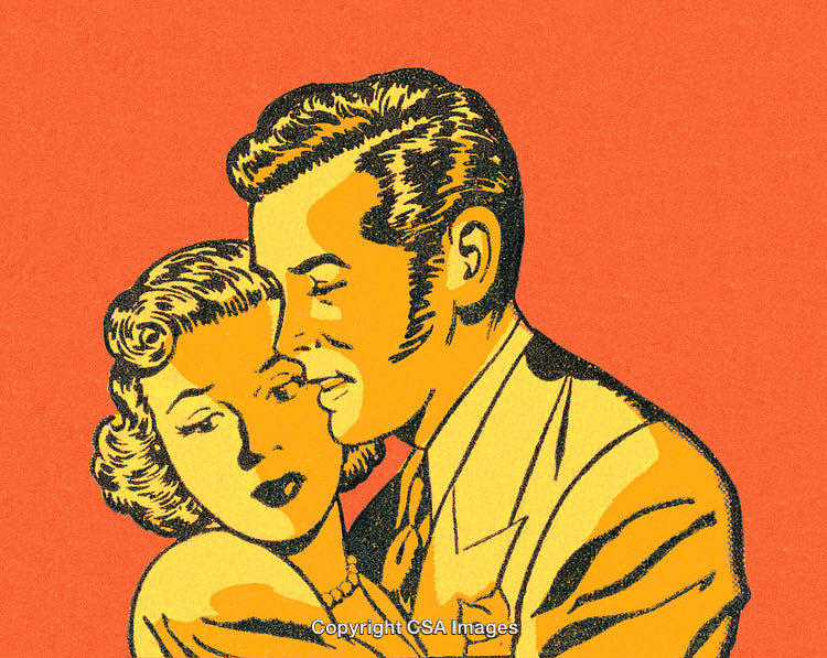 Vintage Comic Illustration of a Romantic Couple on a Bold Orange Background