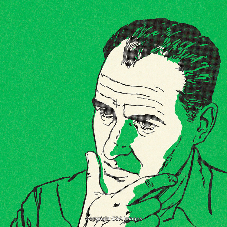 Thoughtful Illustration of Man in Pop Art Style with Bold Green Background