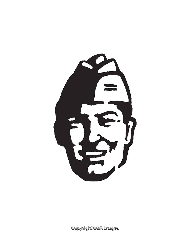Black and White Line Art of Smiling Face with Hat